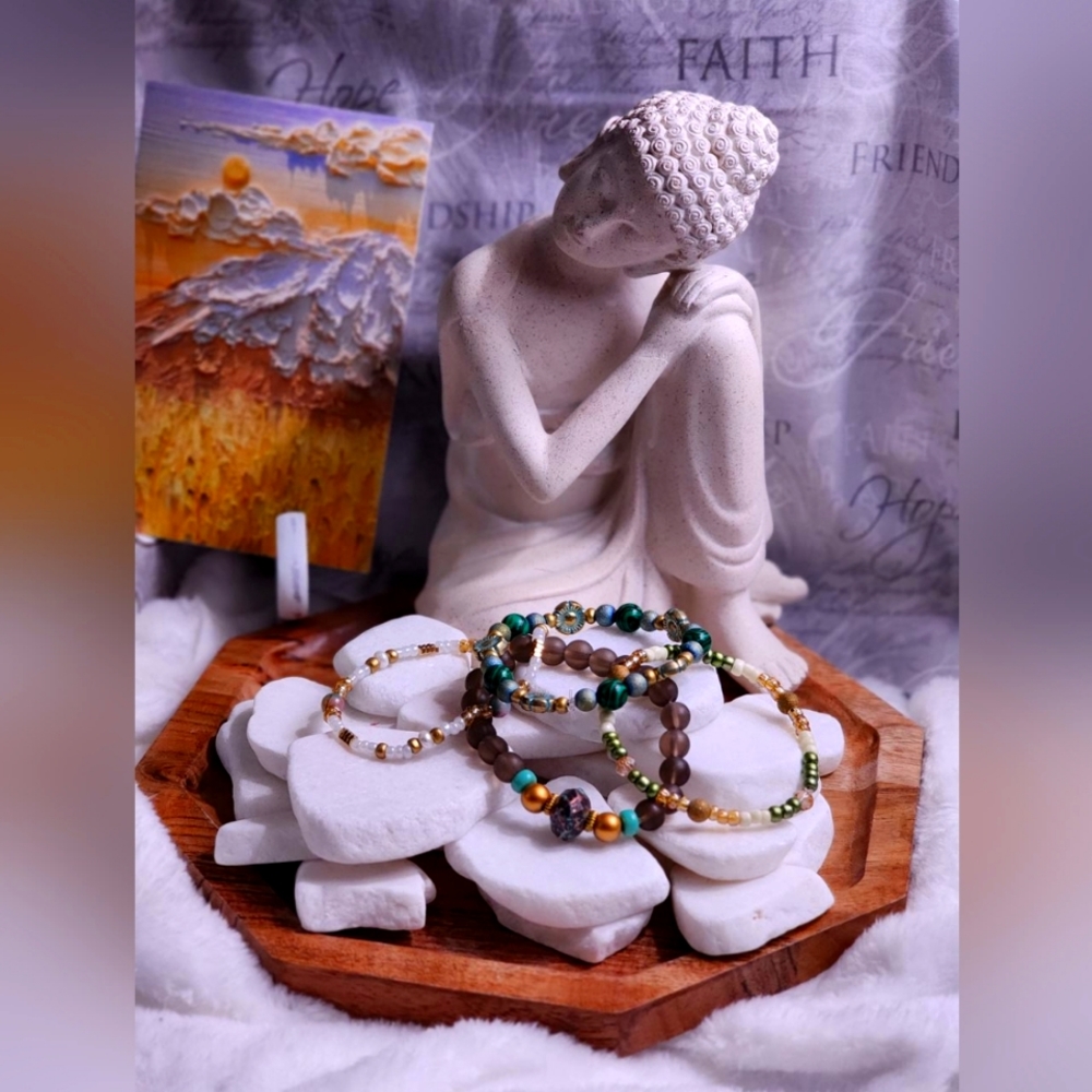 Handcrafted beauitufl malachite mala and jasper stackable bracelets.